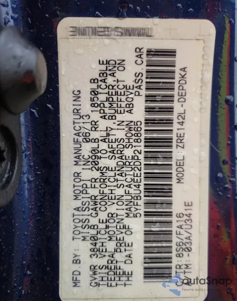 2013 Toyota Corolla Base из США, поврежденный, VIN 5YFBU4EE2DP218865